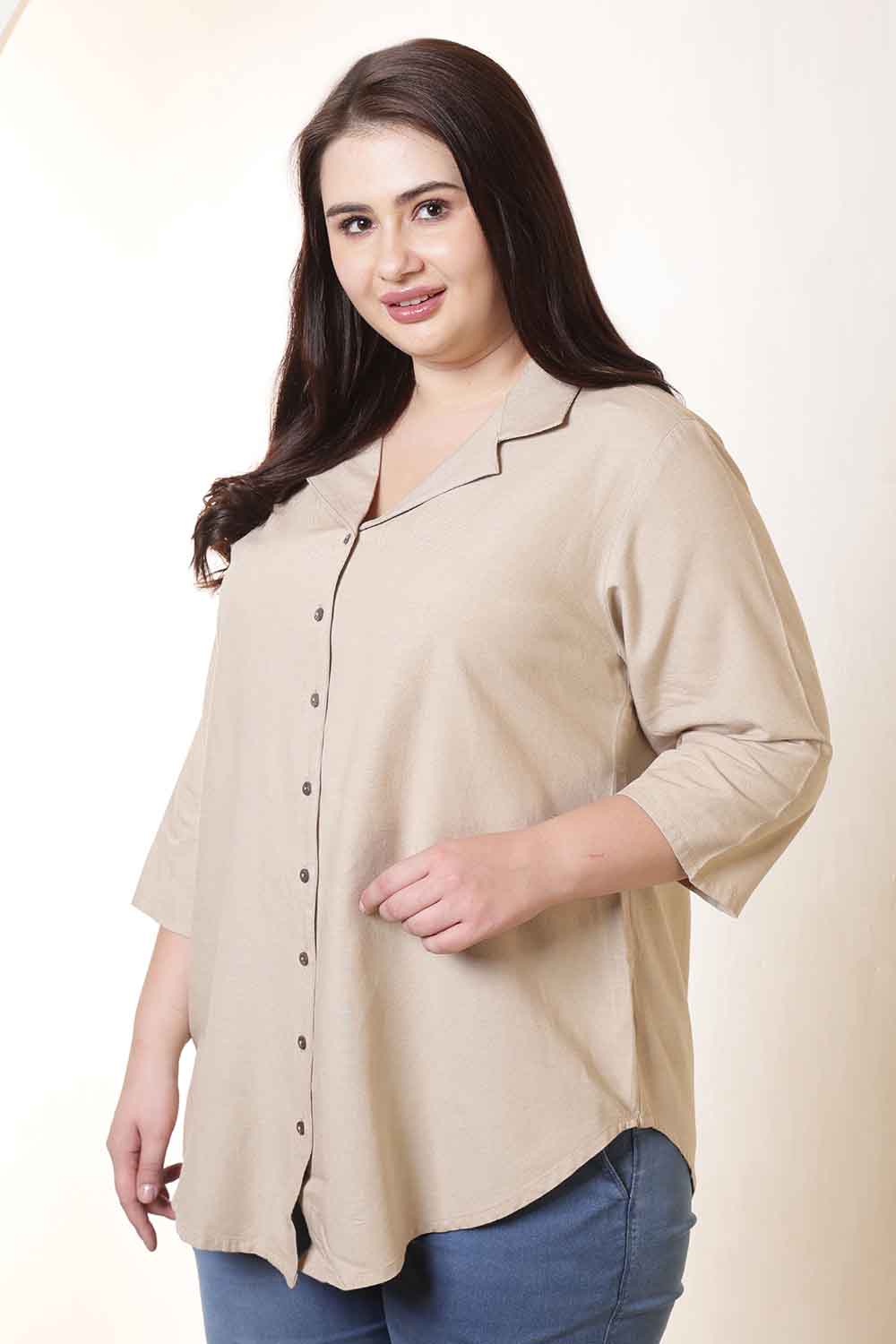Plus Size Plus Size Beige Cotton Linen Cuban Collar Shirt