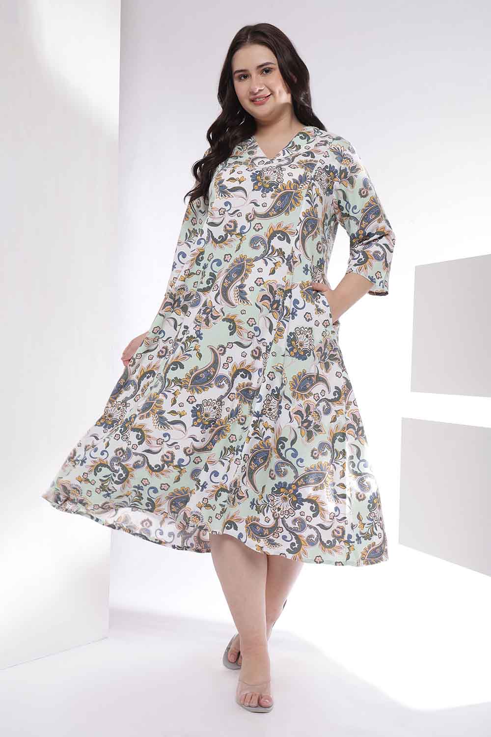 Plus Size Green Paisley Print Cotton Midi Dress
