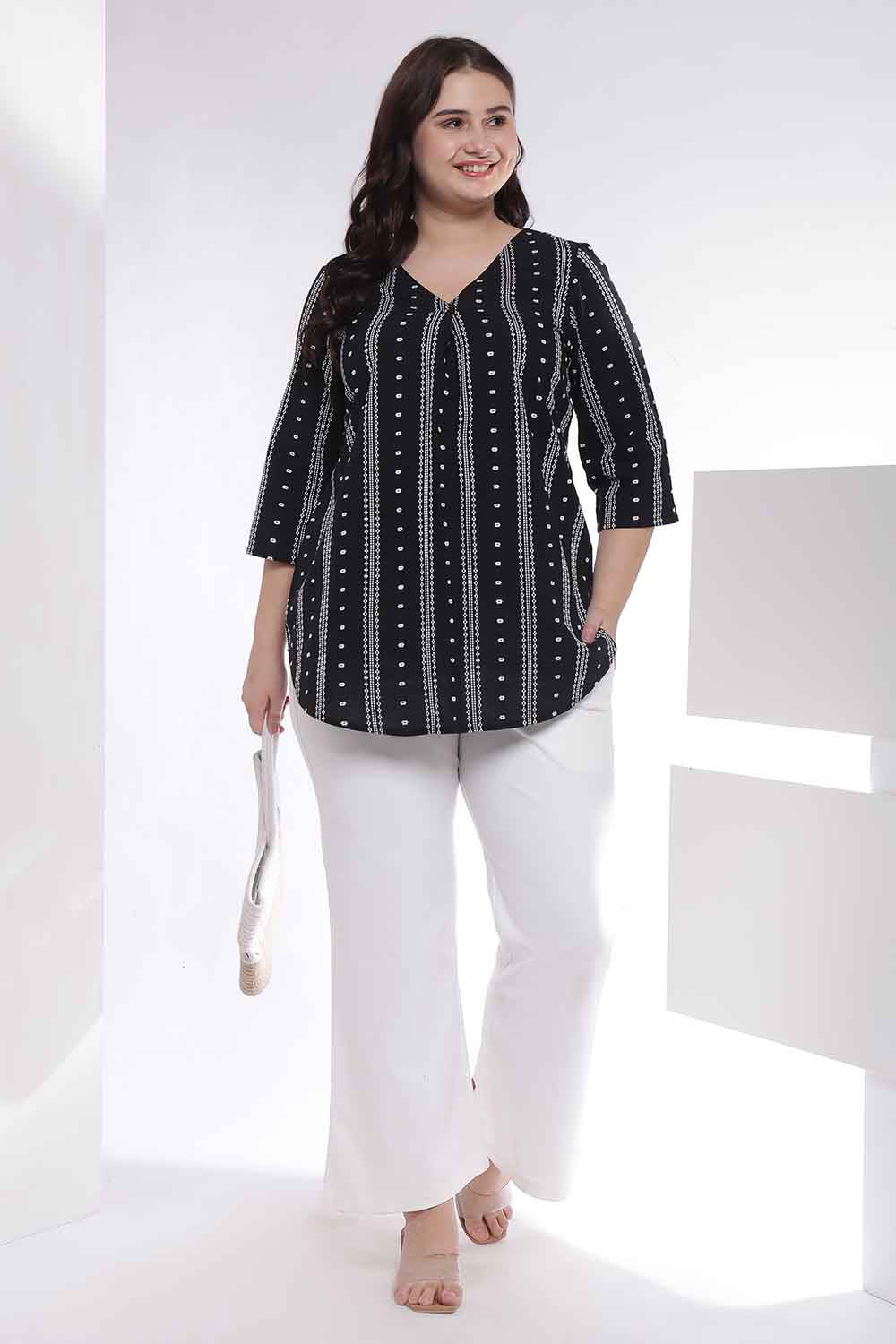 Plus Size Black Weave Work V Neck Top