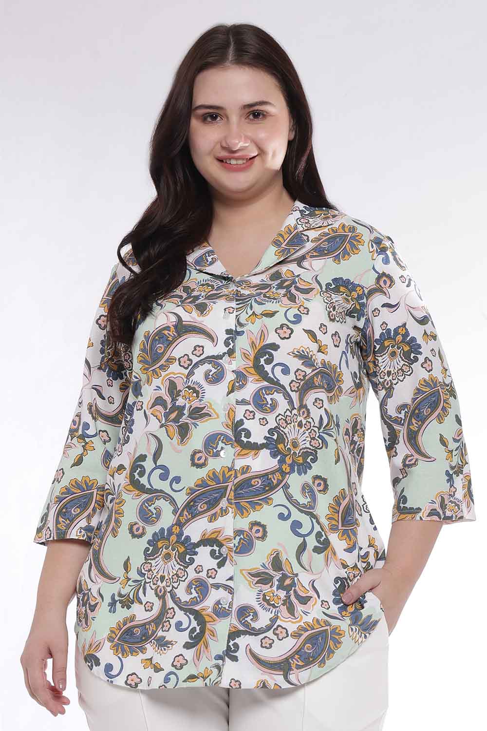 Plus Size Green Paisley Print Cuban Collar Cotton Shirt