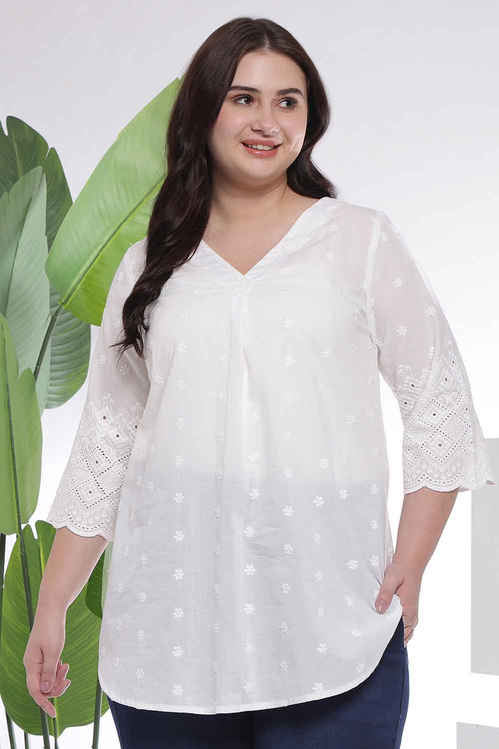 Plus Size White Cotton Schiffli V Neck Top