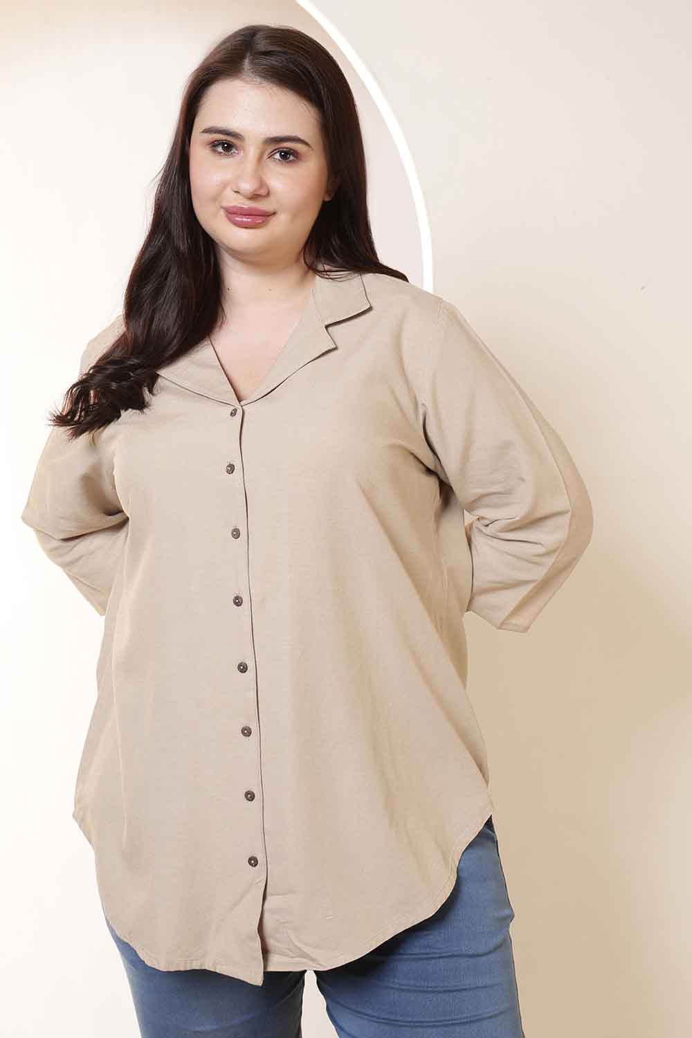 Plus Size Beige Cotton Linen Cuban Collar Shirt for Women