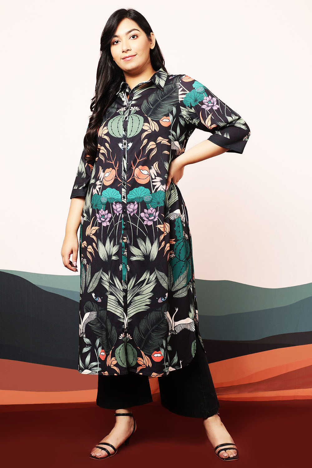 Quirky Wildlife Black Kurta cum Shrug