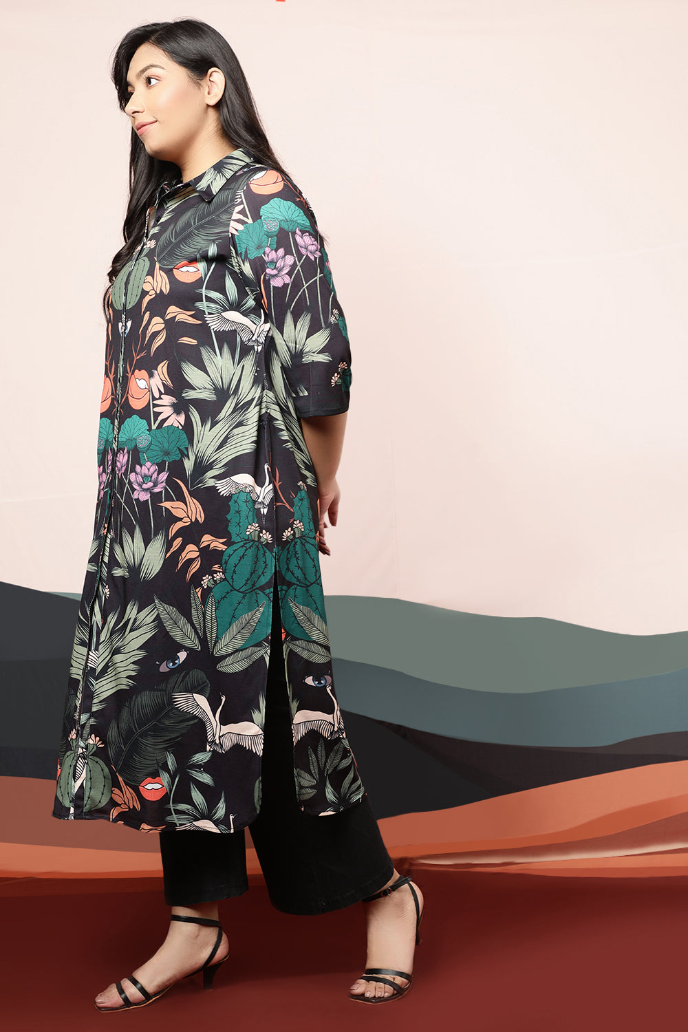 Quirky Wildlife Black Kurta cum Shrug