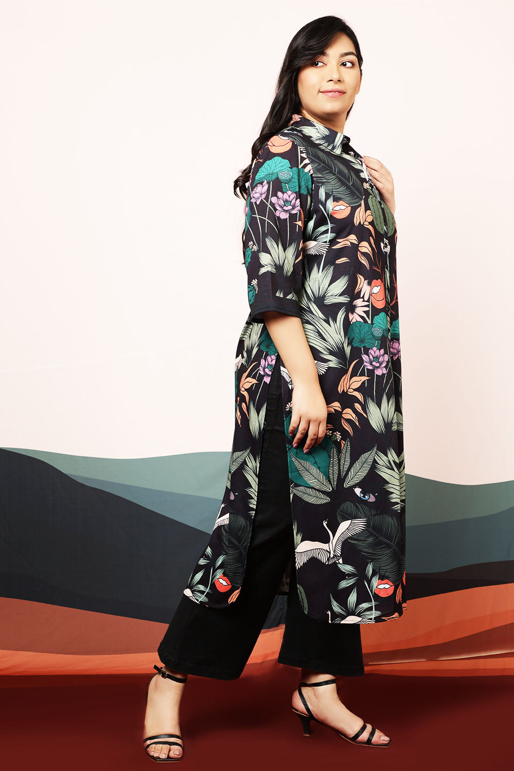 Quirky Wildlife Black Kurta cum Shrug