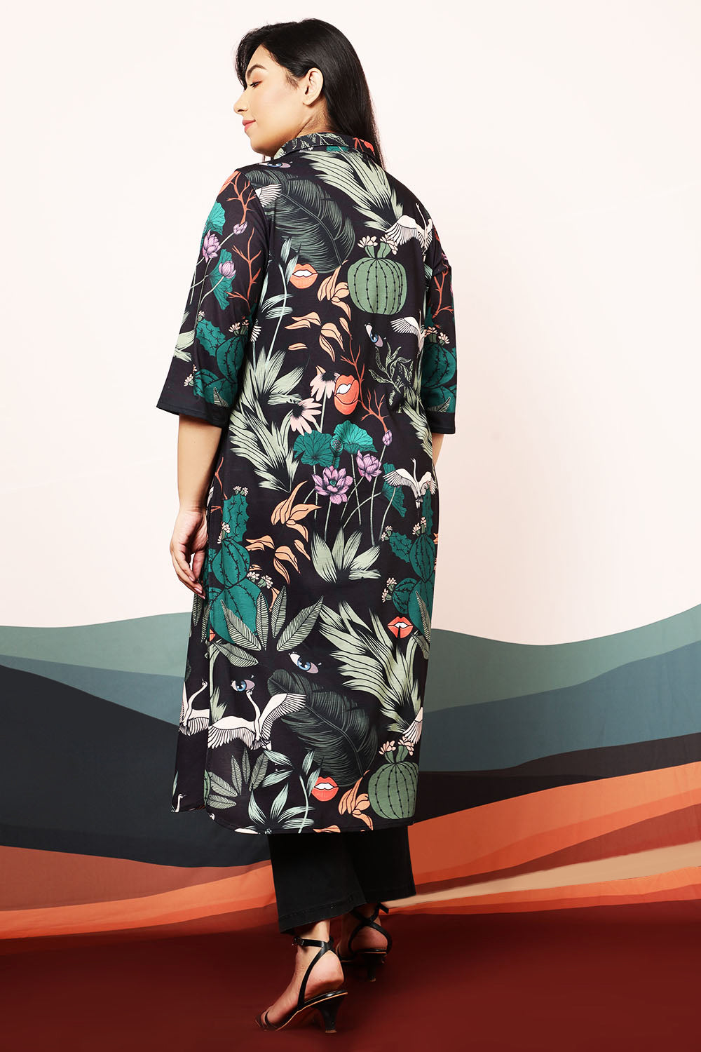 Quirky Wildlife Black Kurta cum Shrug