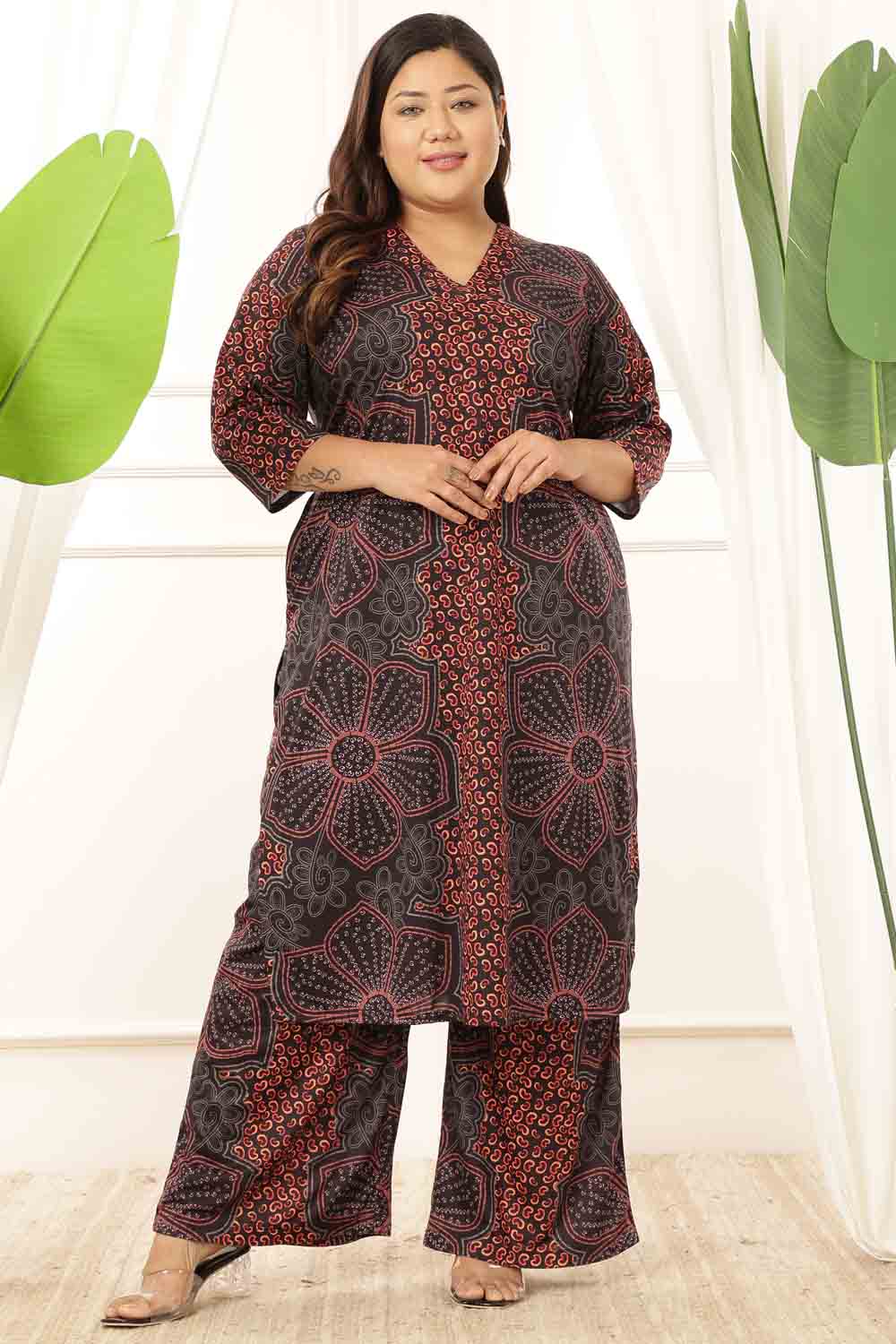 Plus Size Maroon Floral V Neck Kurta Coord Set