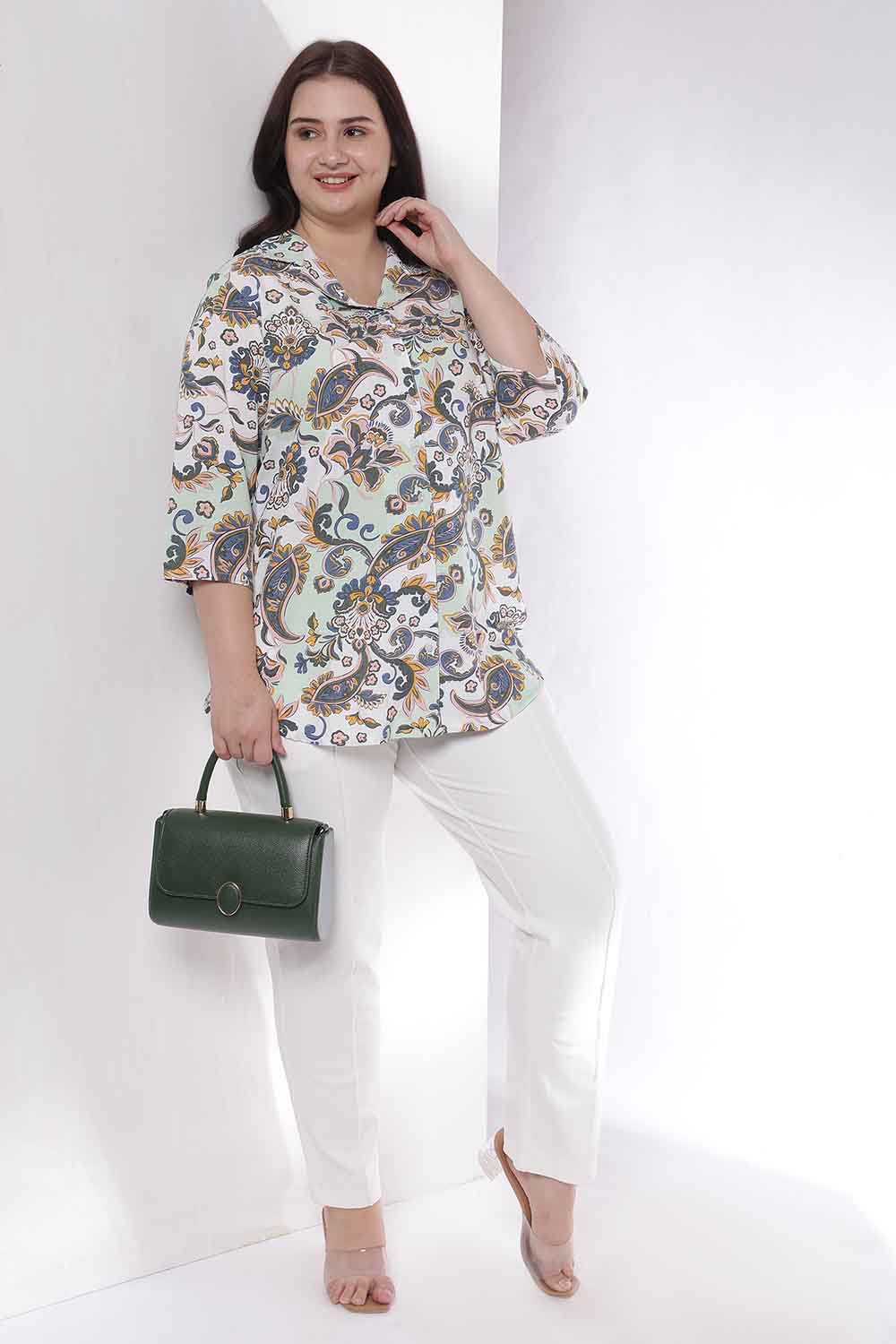 Plus Size Green Paisley Print Cuban Collar Cotton Shirt