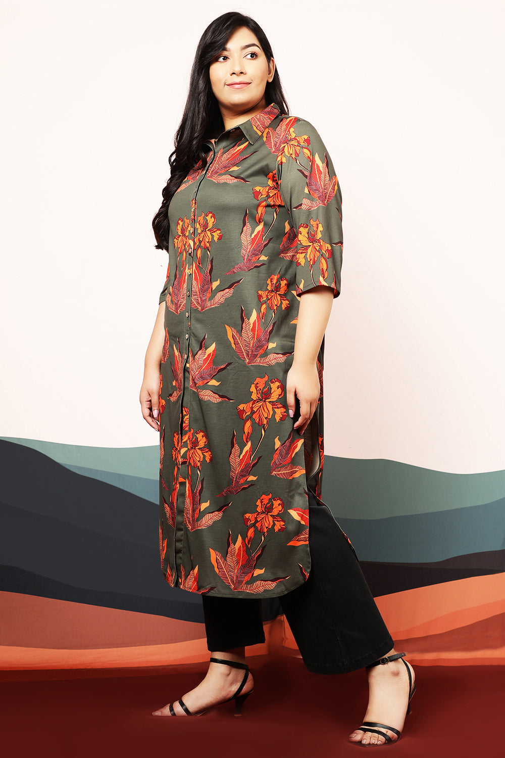 Marsh Green Leaf Print Kurta cum Shrug