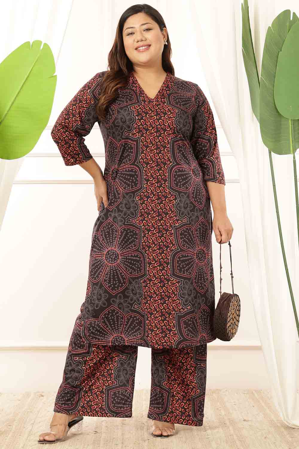 Plus Size Maroon Floral V Neck Kurta Coord Set