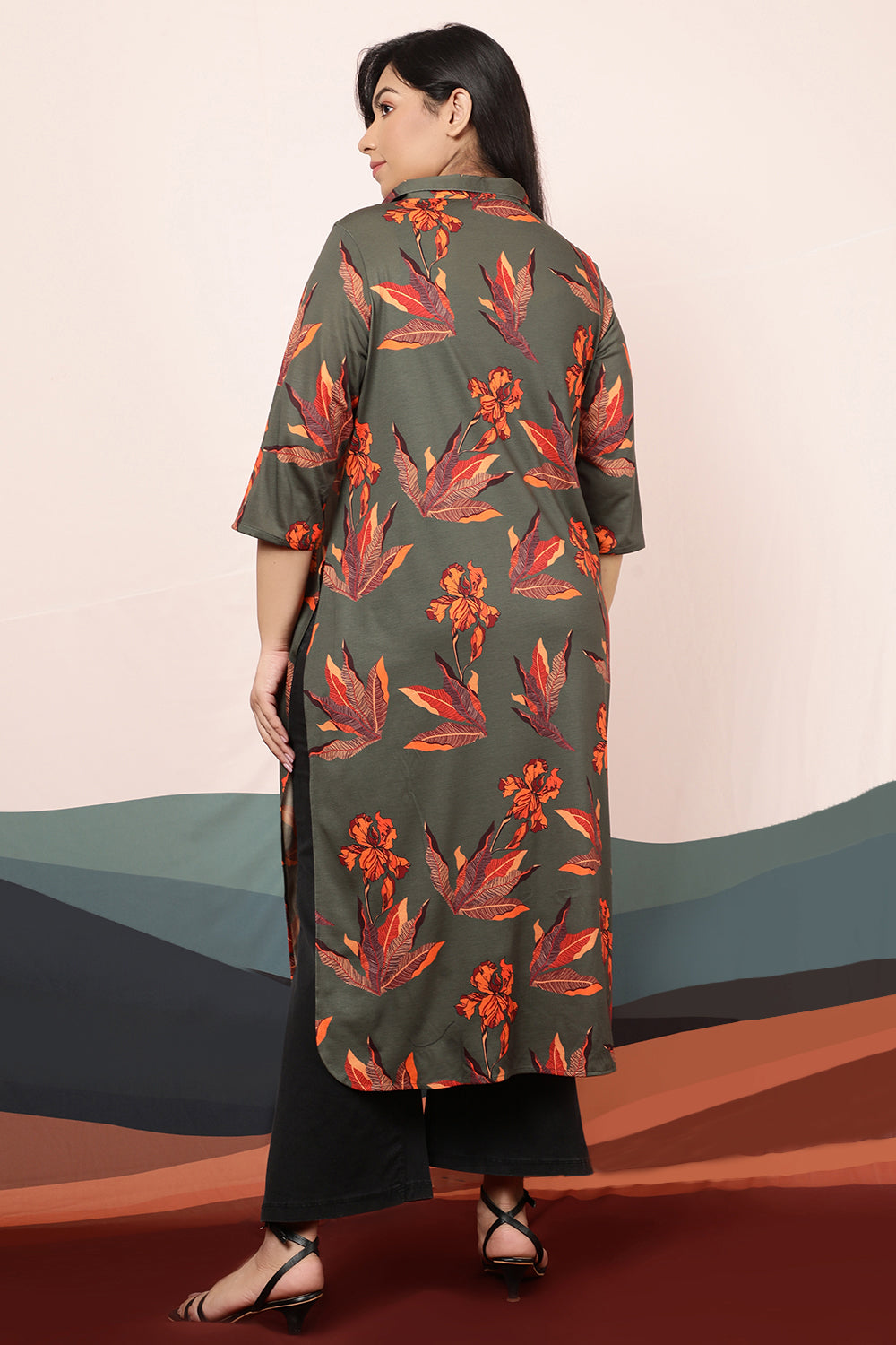 Marsh Green Leaf Print Kurta cum Shrug