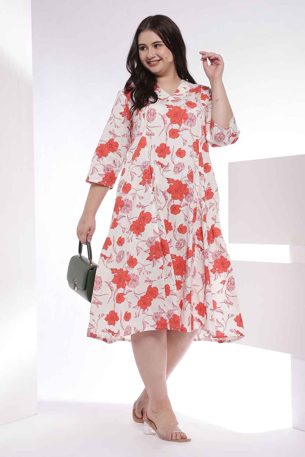 Plus Size Red Floral Print Cotton Midi Dress