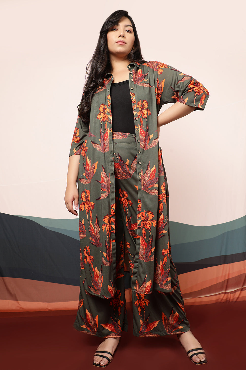 Marsh Green Leaf Print Kurta cum Shrug
