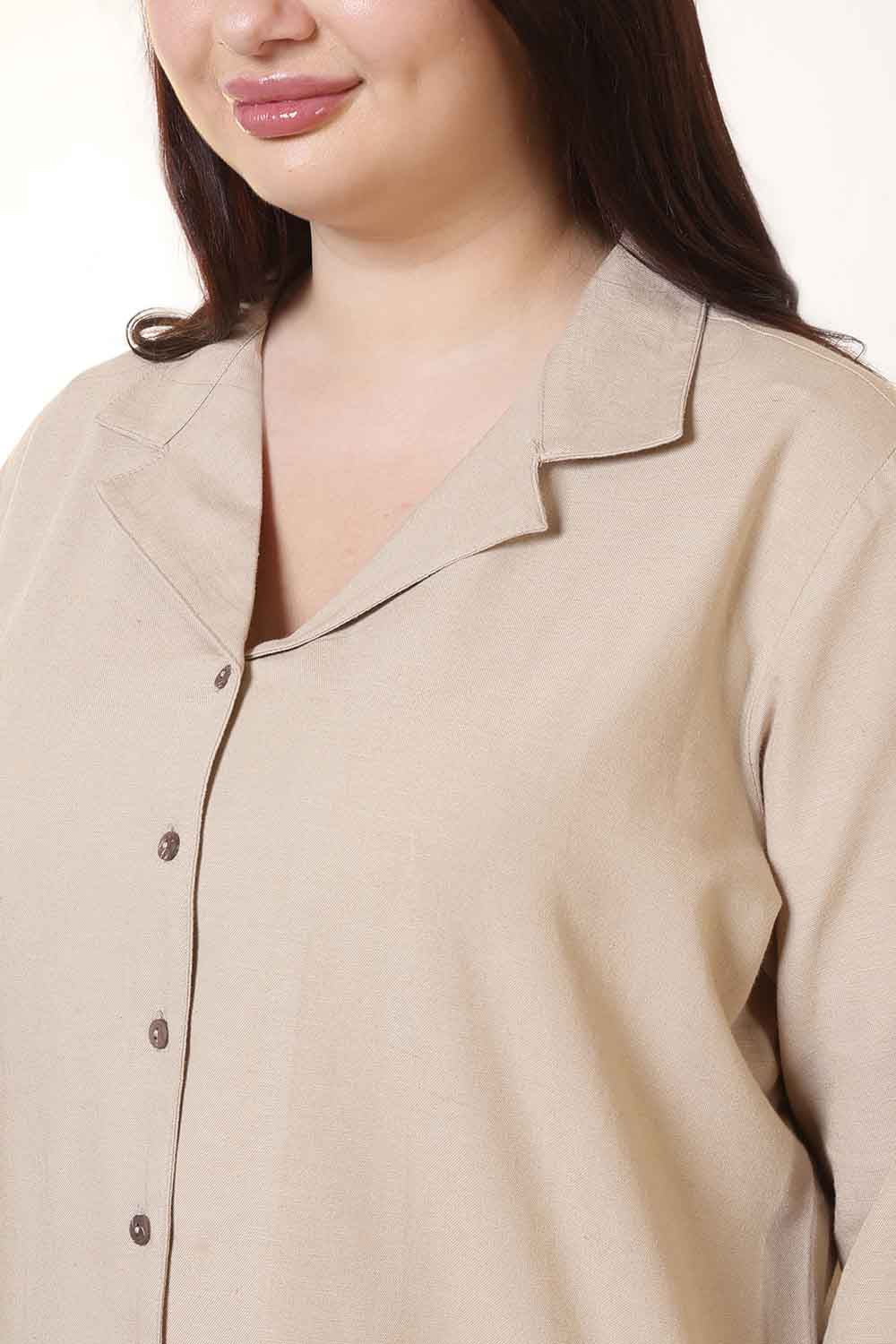 Plus Size Beige Cotton Linen Cuban Collar Shirt