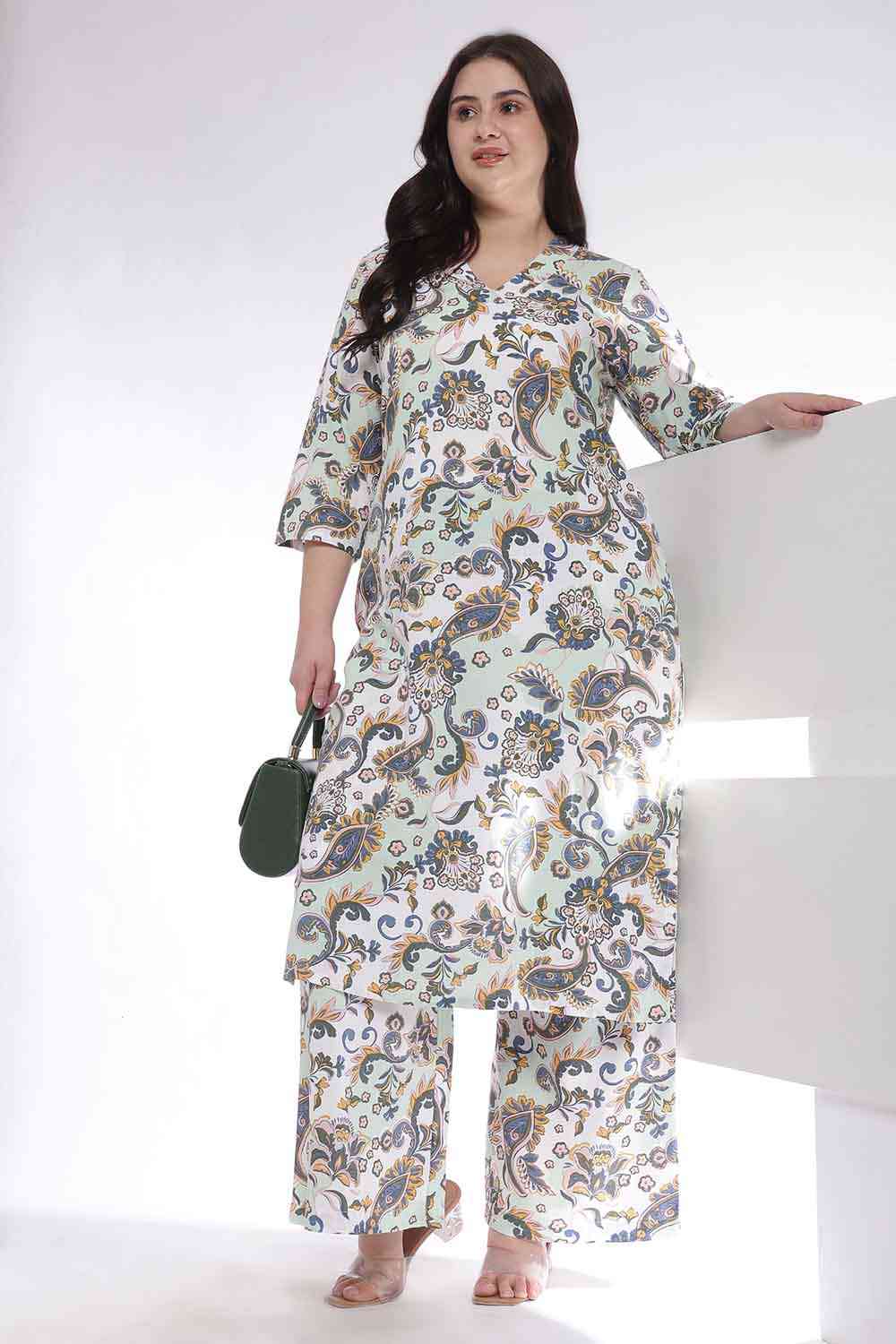 Plus Size Green Paisley Print Kurta Coord Set