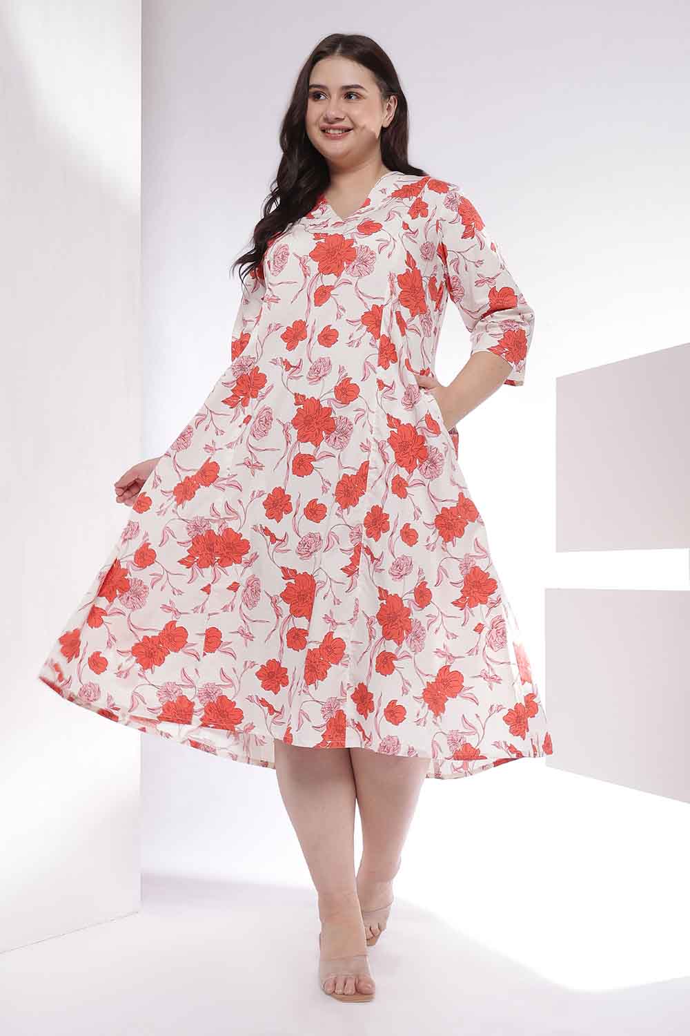 Plus Size Red Floral Print Cotton Midi Dress