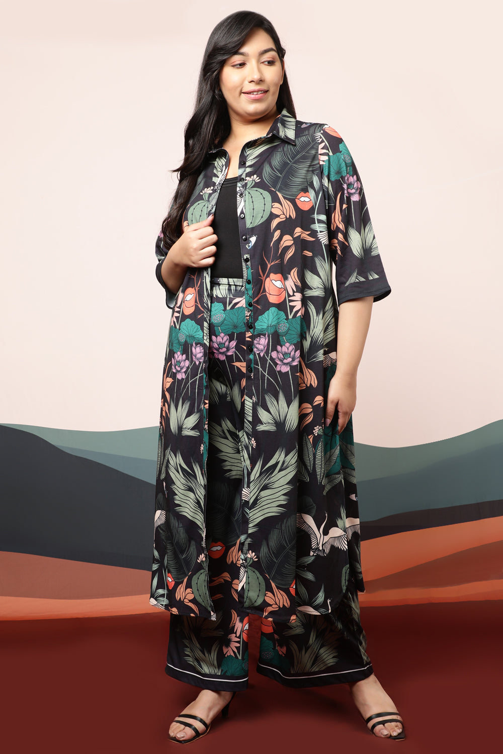 Quirky Wildlife Black Kurta cum Shrug