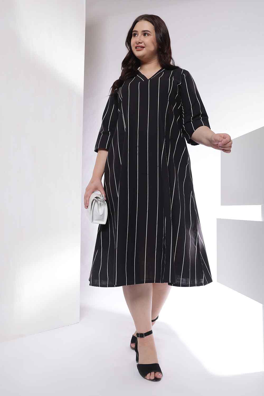 Plus Size Black Vertical Stripe Cotton Midi Dress