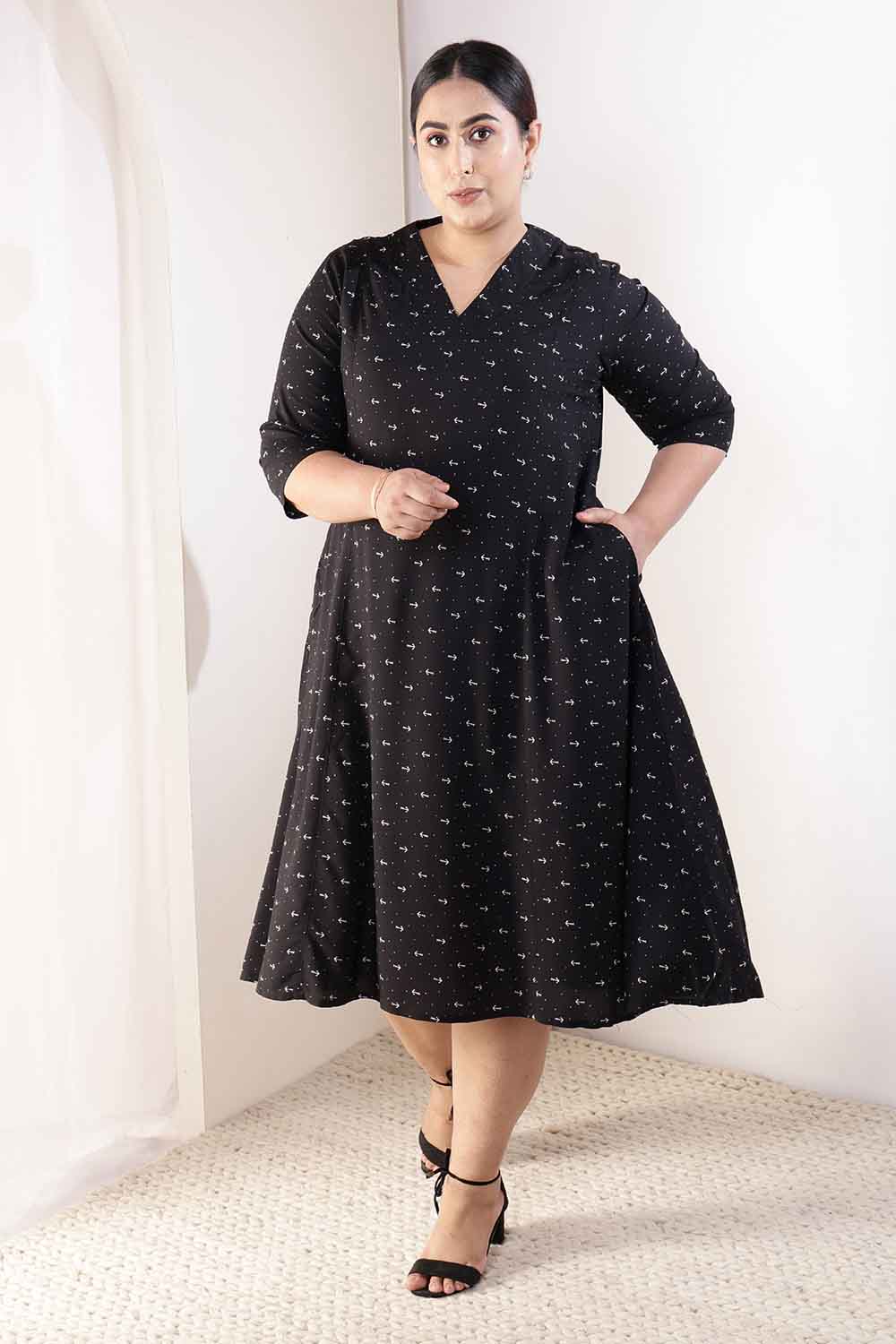 Plus Size Black Anchor Print Rayon Midi Dress