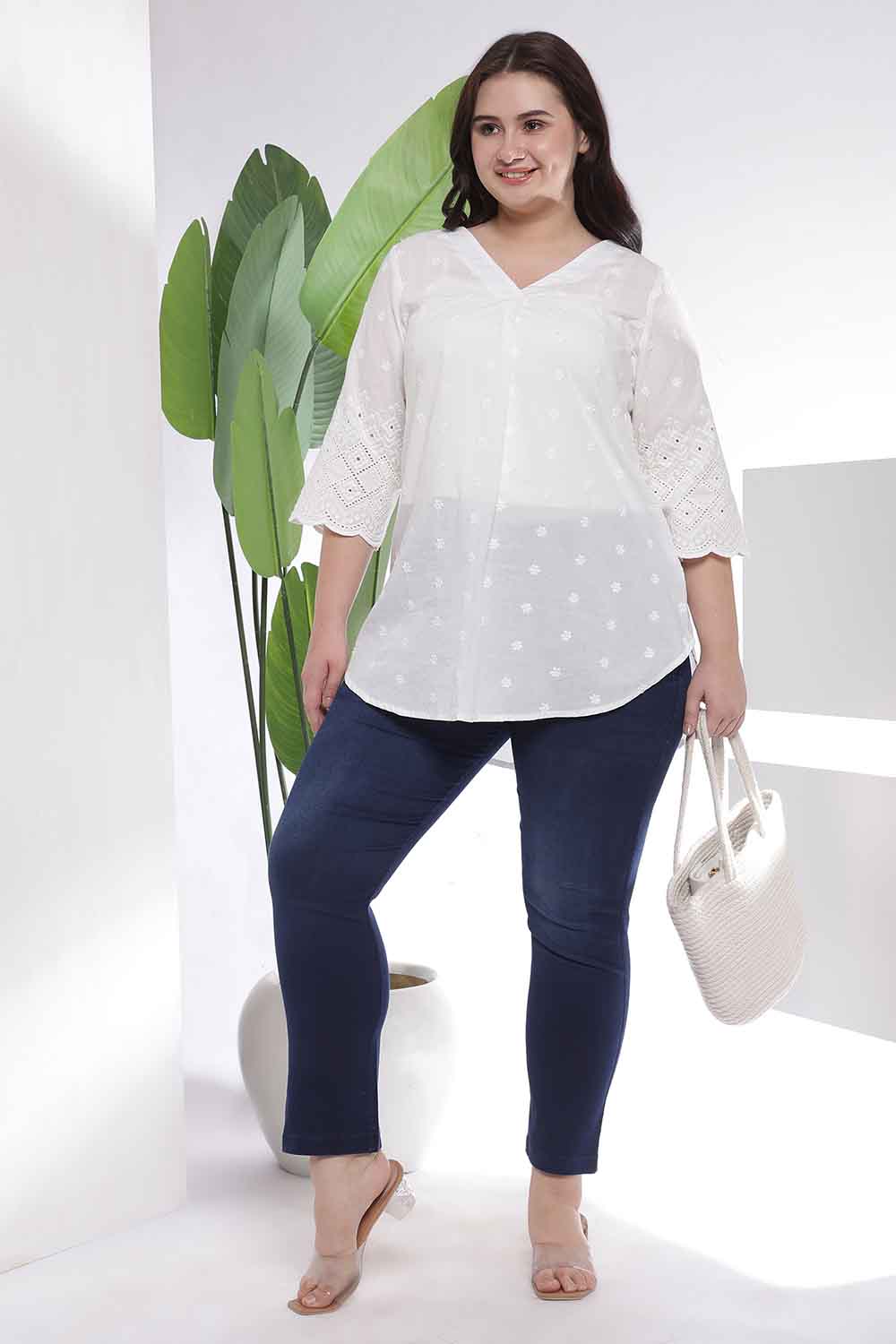 Plus Size White Cotton Schiffli V Neck Top