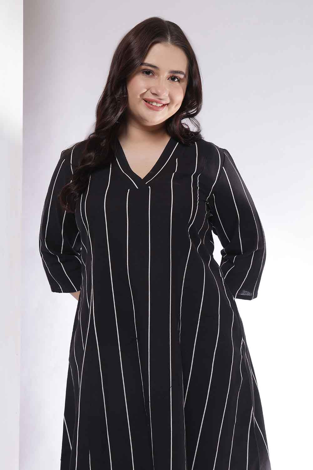Plus Size Black Vertical Stripe Cotton Midi Dress