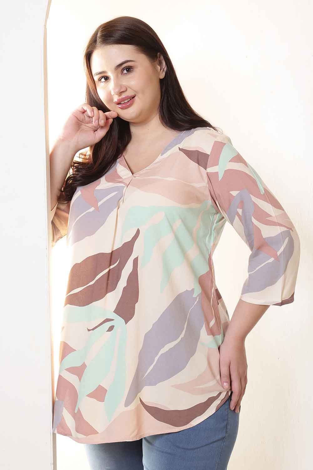 Plus Size Multi-Color Abstract Print V-Neck Rayon Top for Women