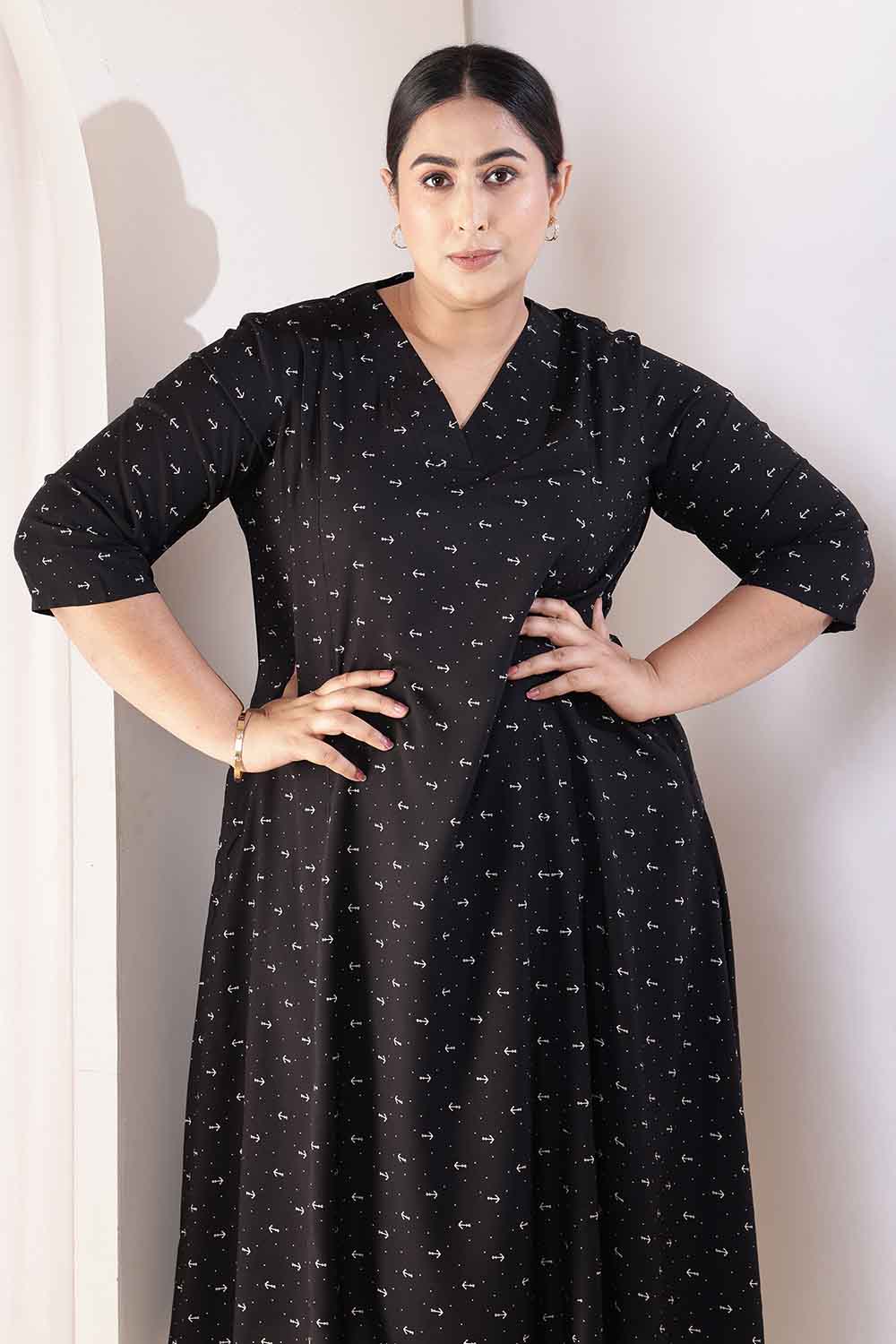 Plus Size Black Anchor Print Rayon Midi Dress