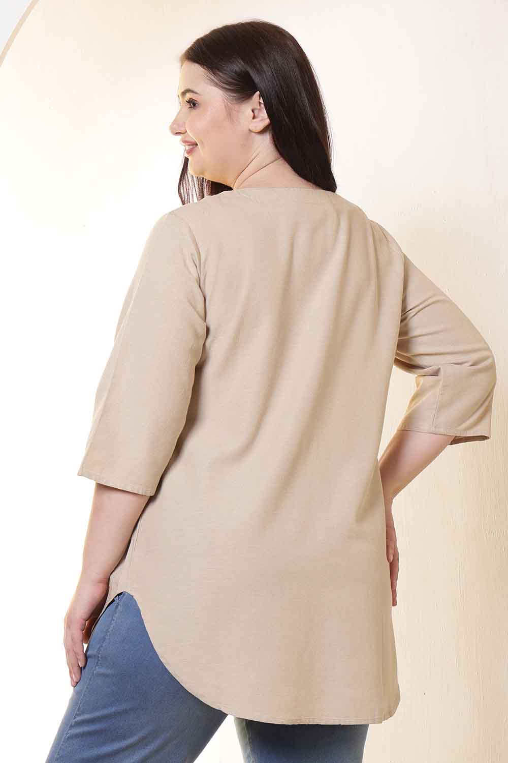 Plus Size Beige V-Neck Cotton Linen Top