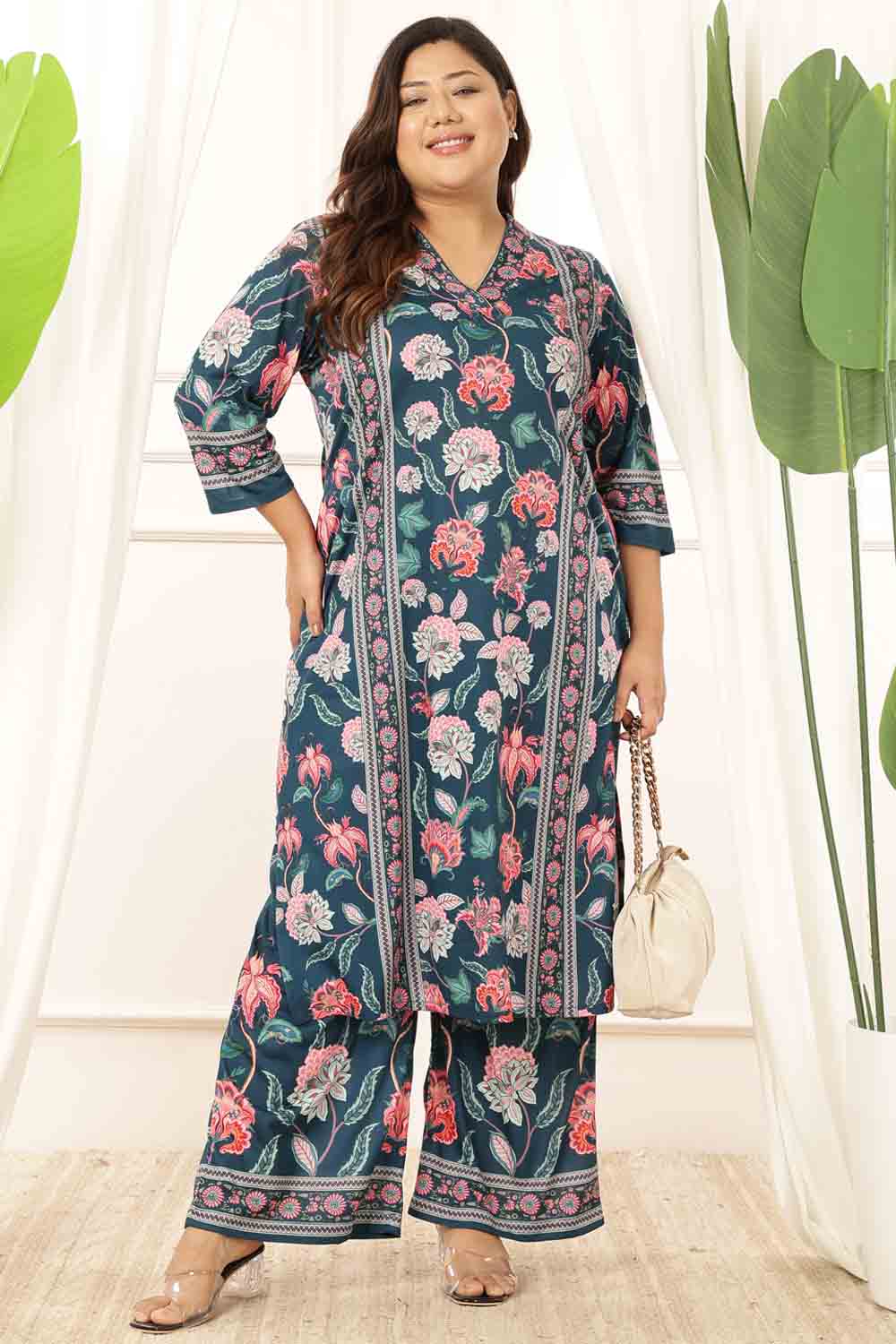 Plus Size Women Green Ethnic Cotton Kurta Set
