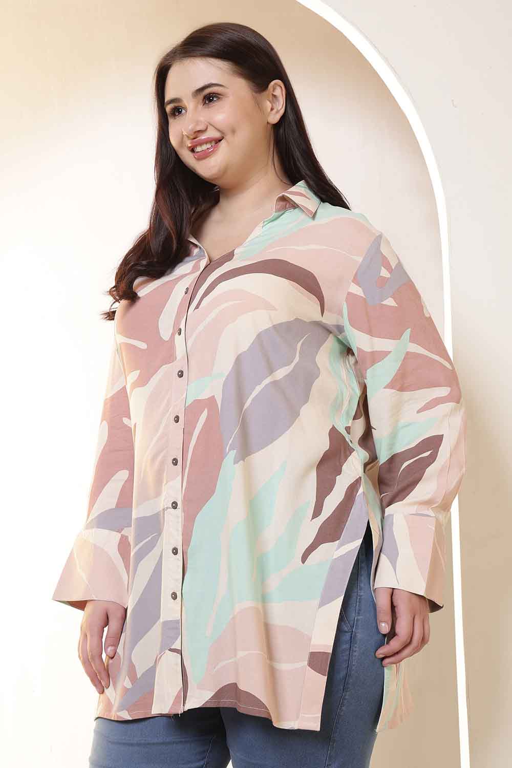 Plus Size Multi-Color Abstract Print High Slit Styled Cuff Rayon Shirt