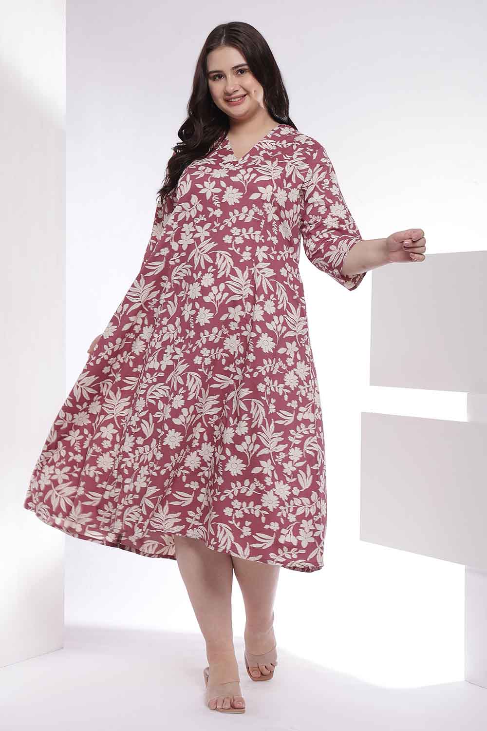 Plus Size Purple Taupe Floral Print Cotton Midi Dress