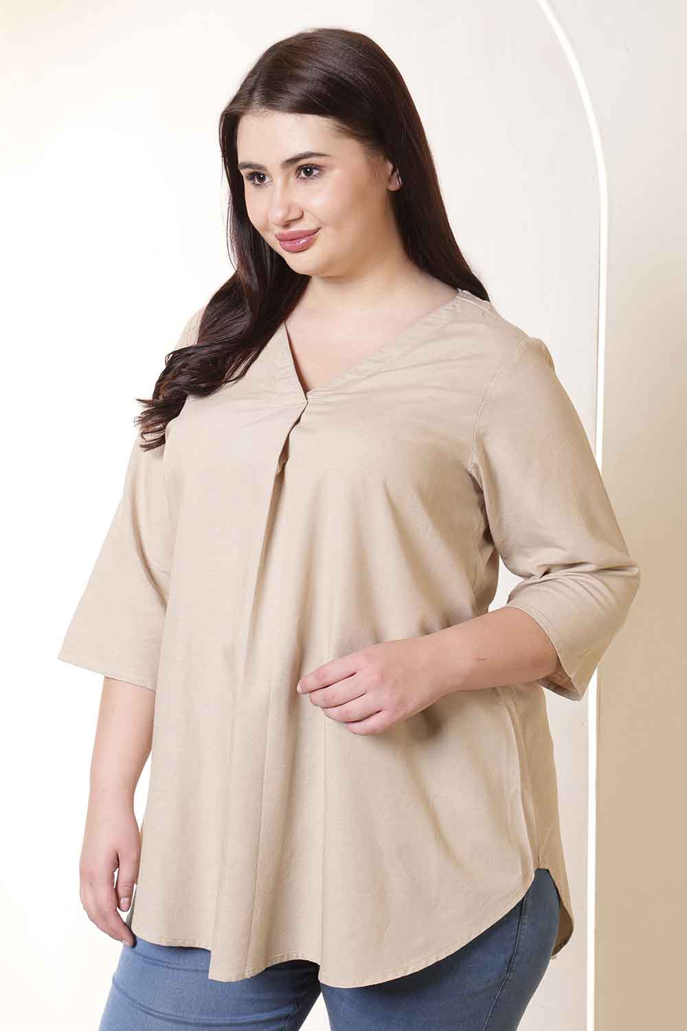 Plus Size Plus Size Beige V-Neck Cotton Linen Top