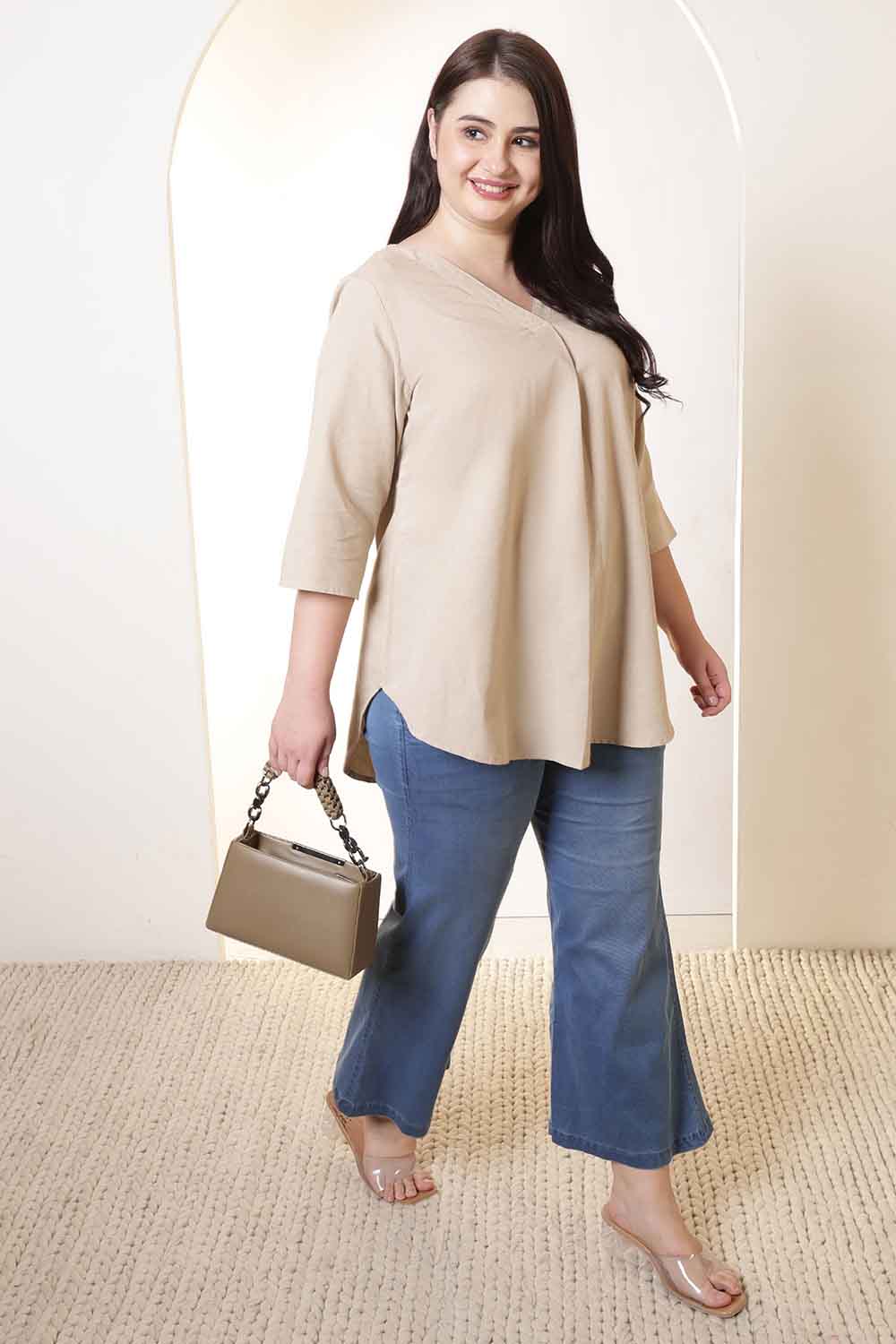 Plus Size Beige V-Neck Cotton Linen Top