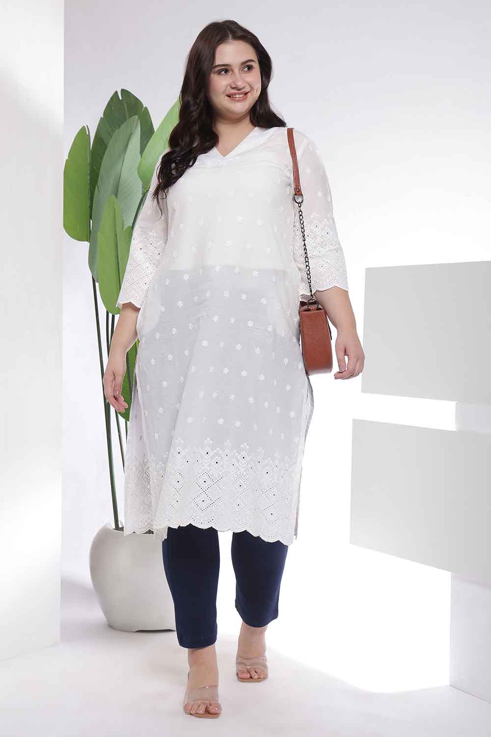 Plus Size White Cotton Schiffli V Neck Kurta