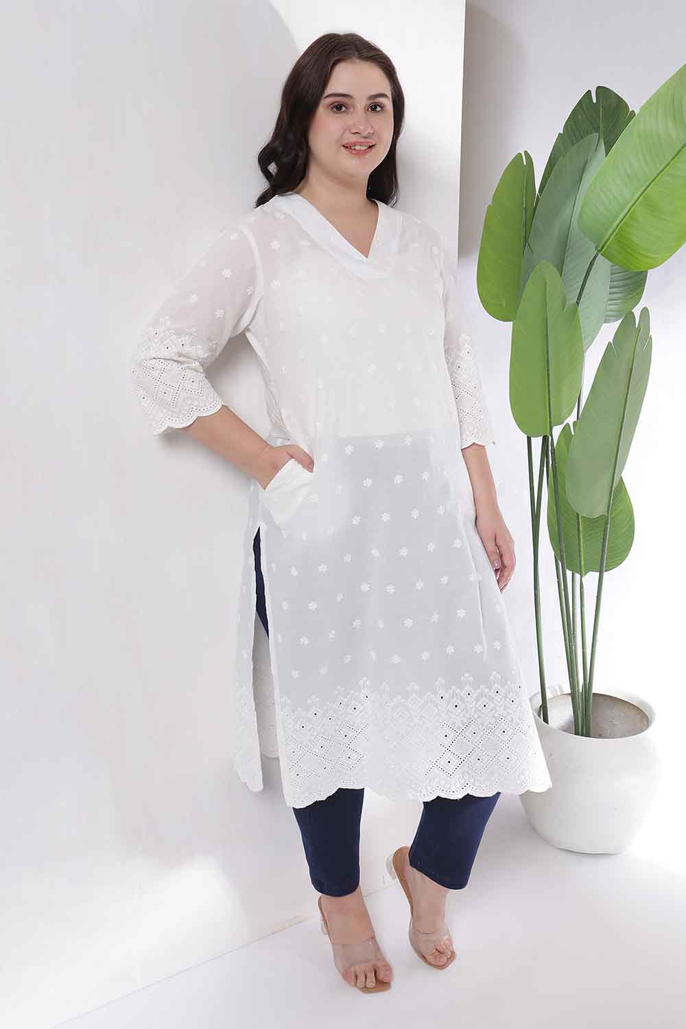 Plus Size White Cotton Schiffli V Neck Kurta