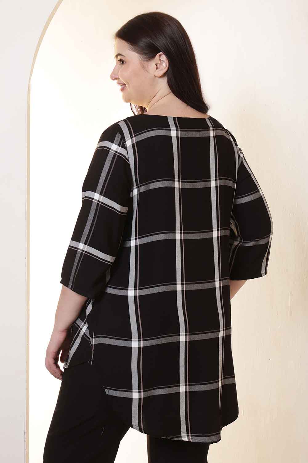 Plus Size Black & White Checkered V-Neck Rayon Twill Top