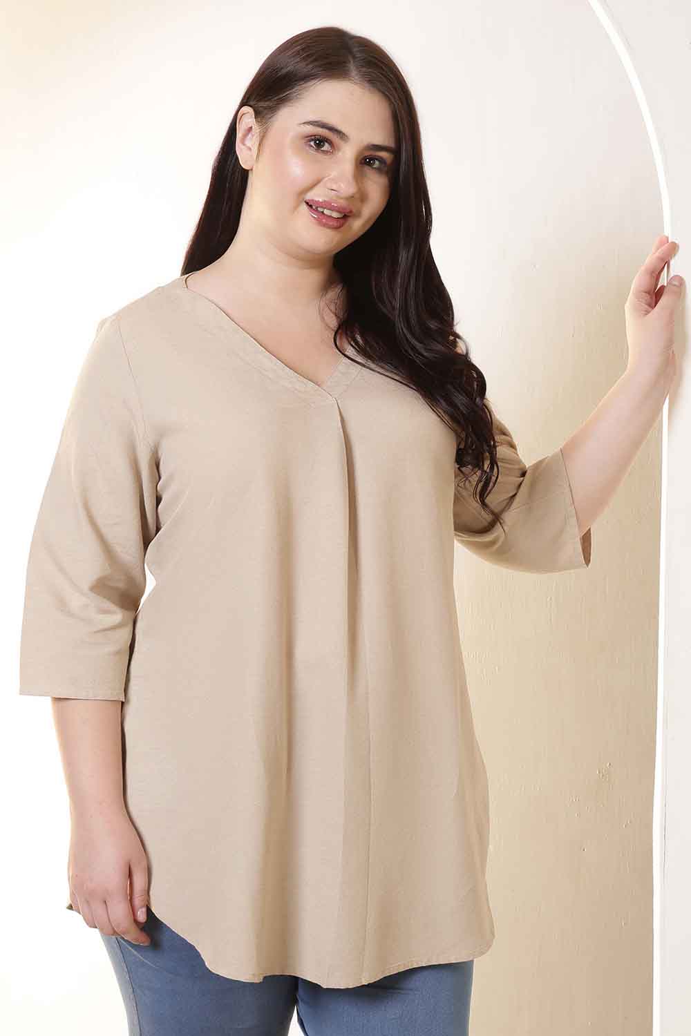Plus Size Beige V-Neck Cotton Linen Top