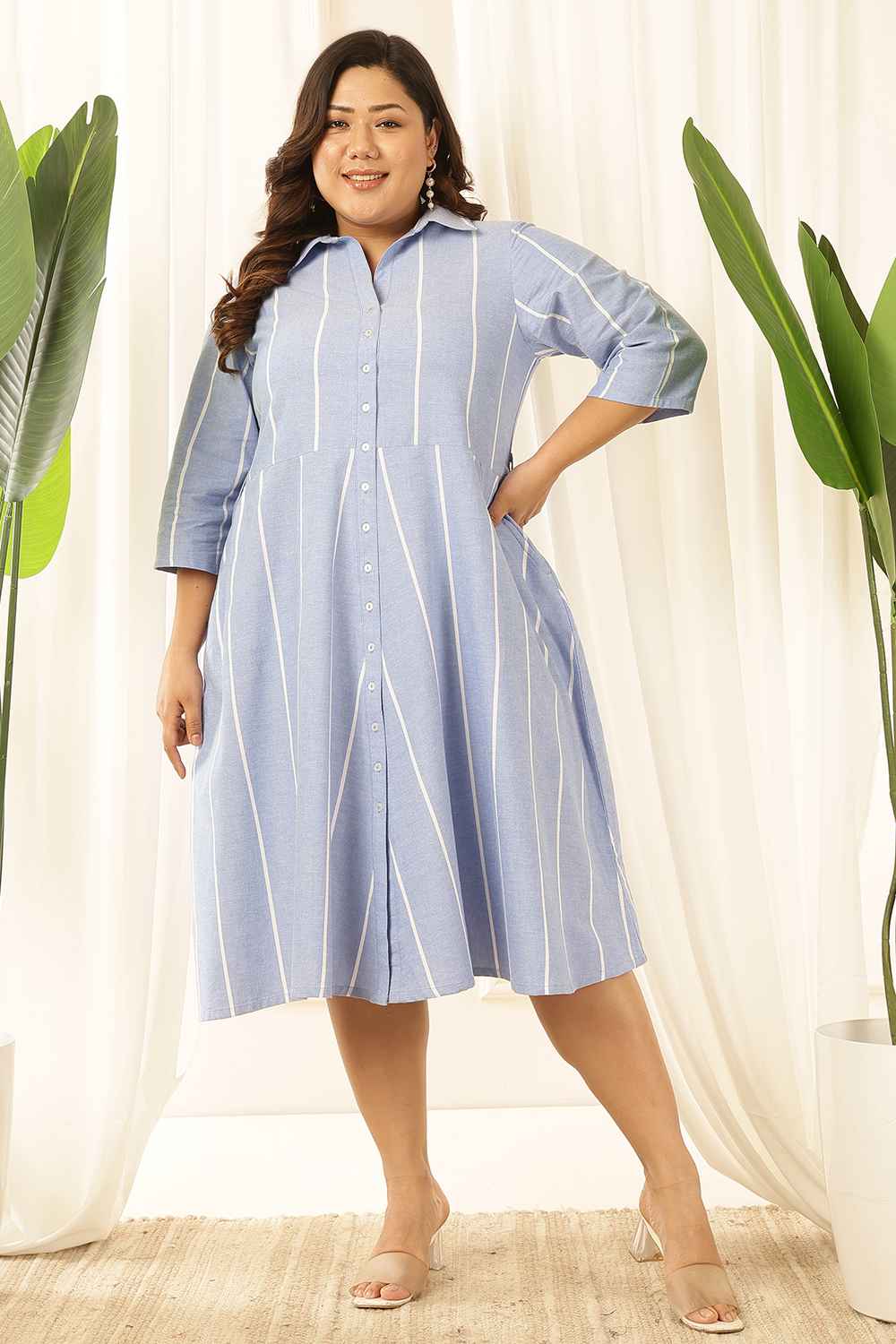 Buy Plus Size Blue Striped Chambray Shirt Dress