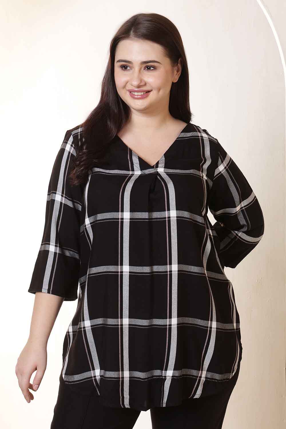 Plus Size Black & White Checkered V-Neck Rayon Twill Top