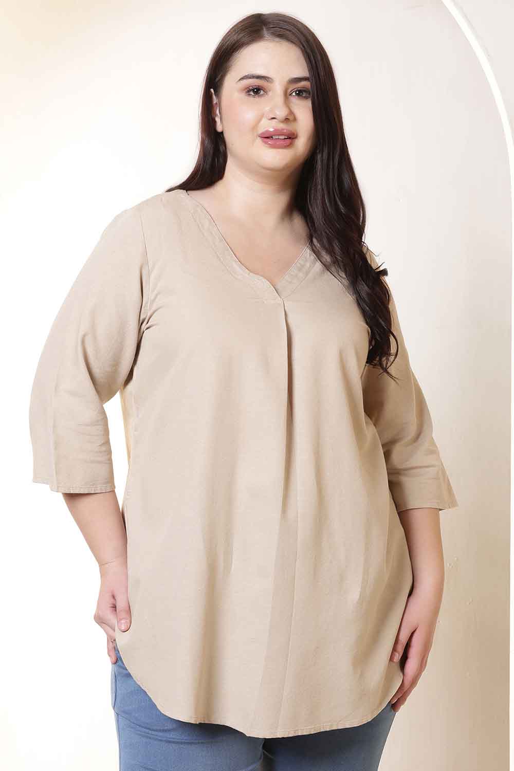 Plus Size Beige V-Neck Cotton Linen Top for Women