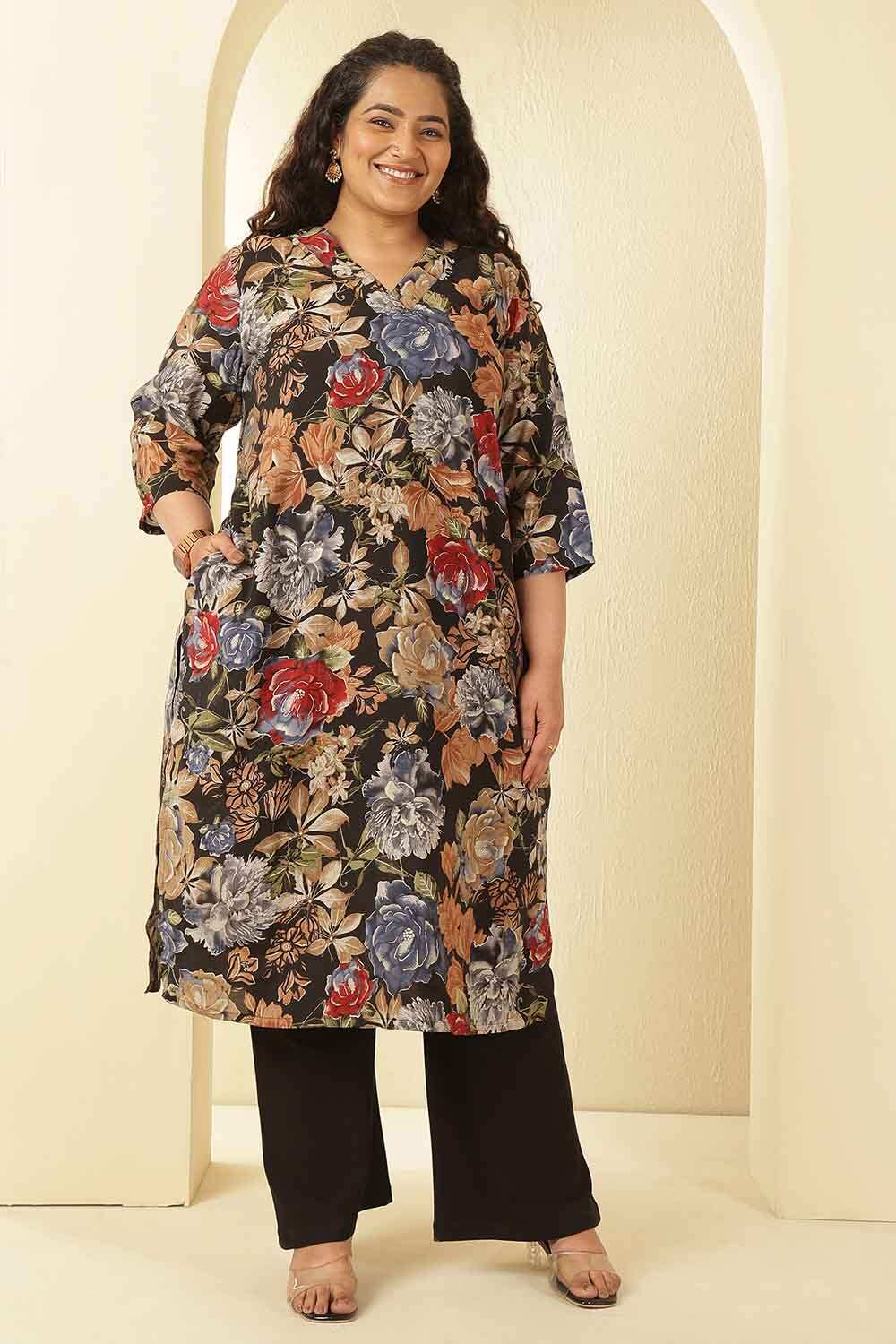 Plus Size Elegant Black Floral Print V-Neck Rayon Muslin Kurta