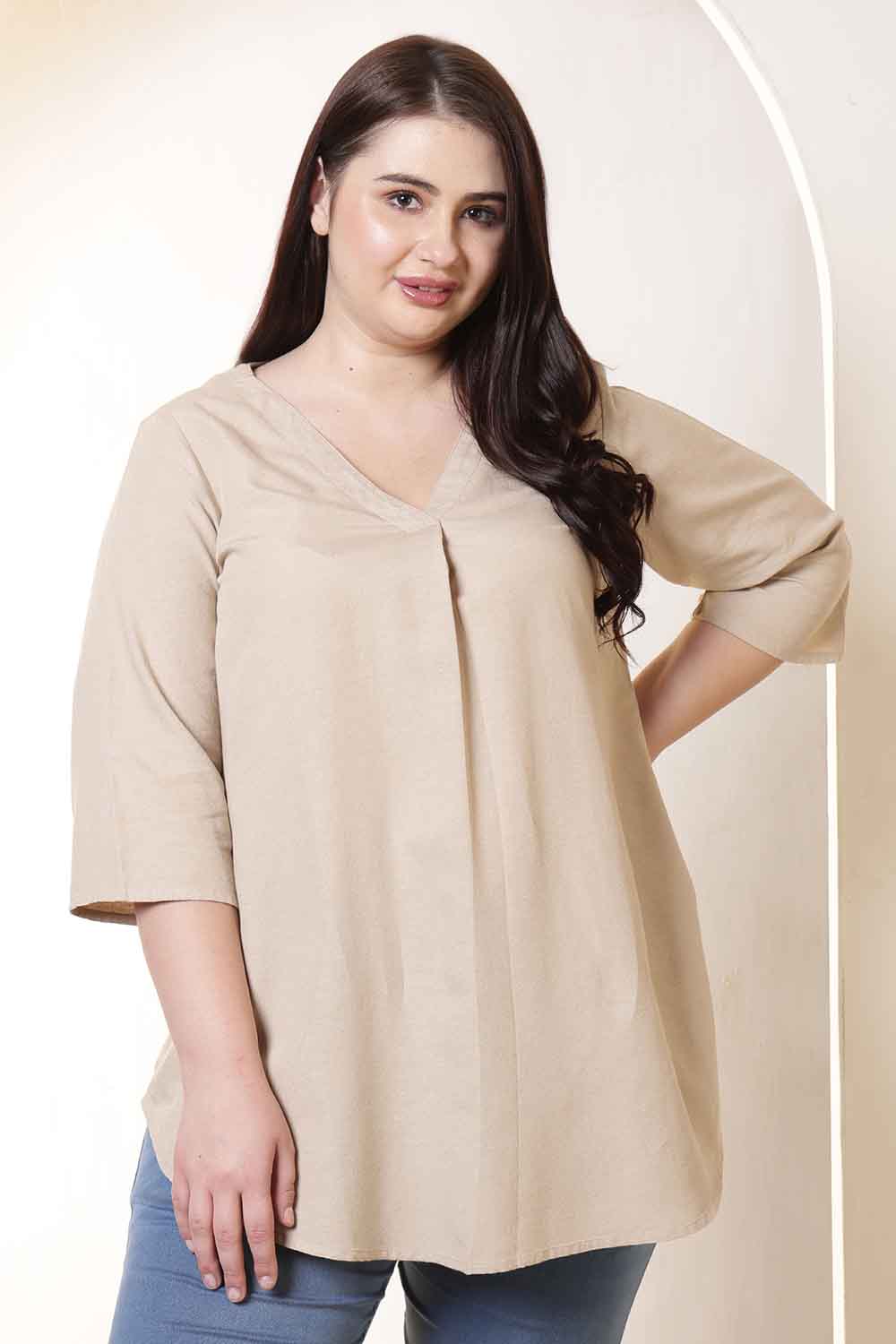 Comfortable Plus Size Beige V-Neck Cotton Linen Top
