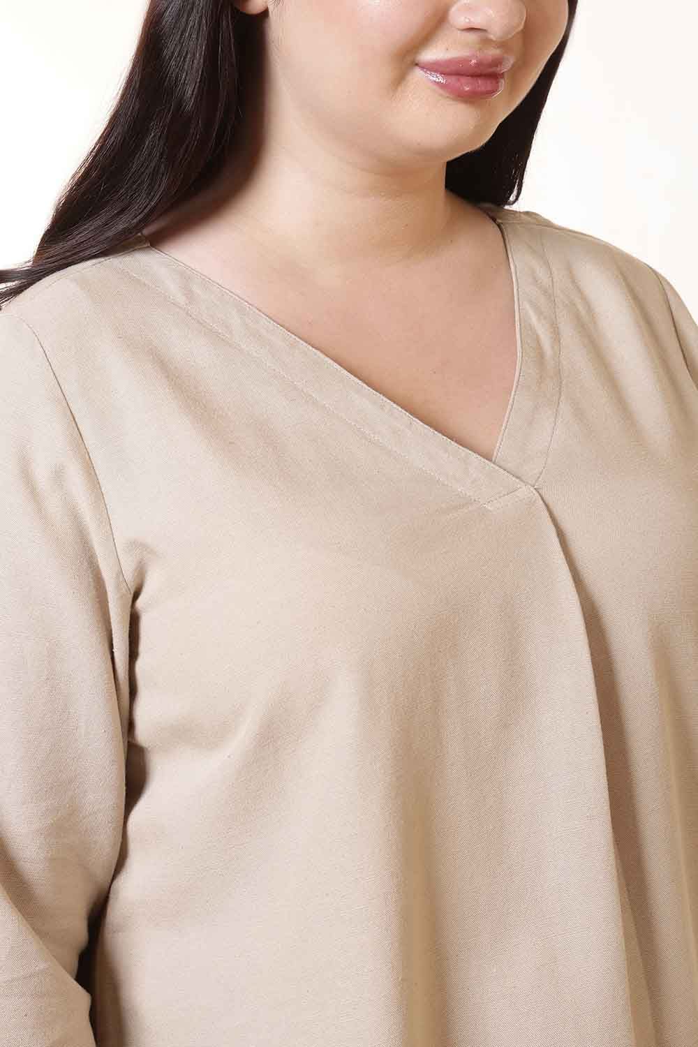 Plus Size Beige V-Neck Cotton Linen Top