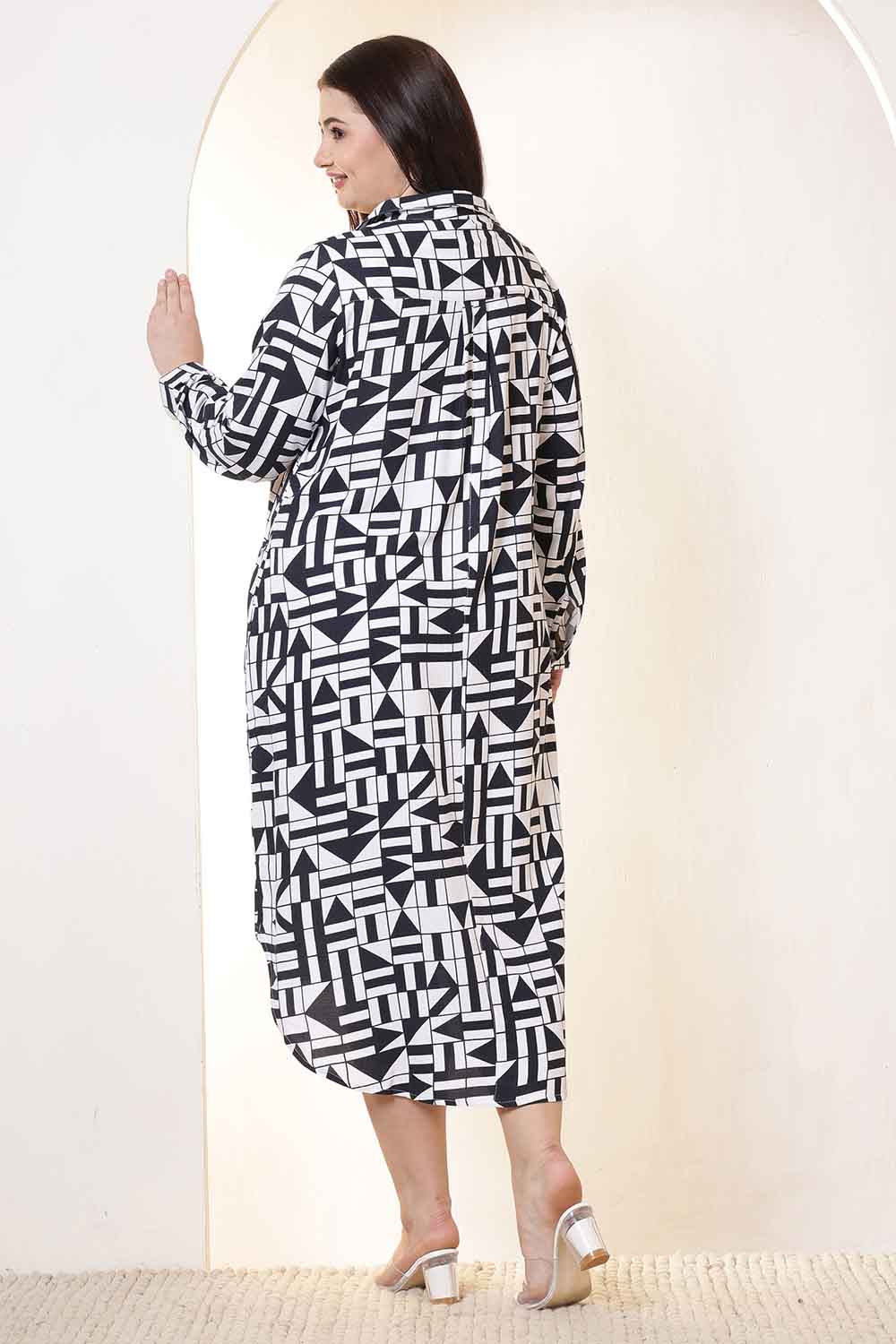 Plus Size Black & White Geometric Print Cotton Shirt Dress