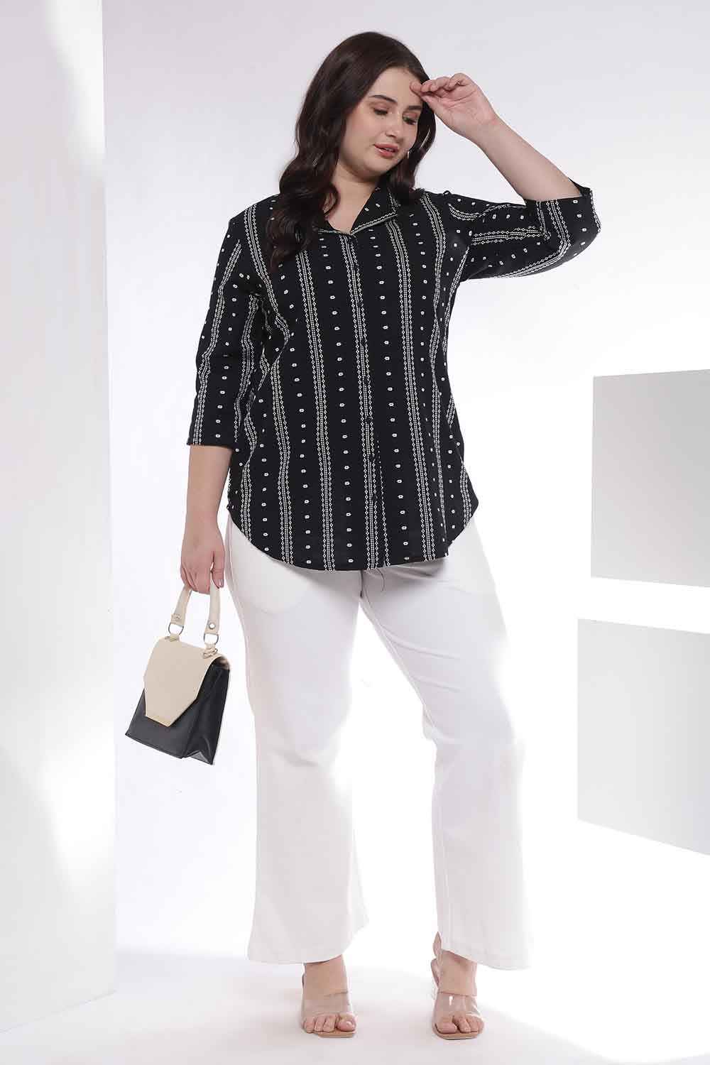 Plus Size Black Weave Work Cuban Collar Cotton Shirt