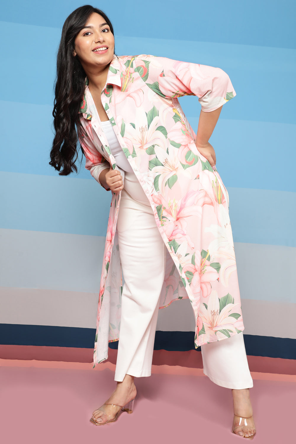 Light Pink Floral Kurta cum Shrug