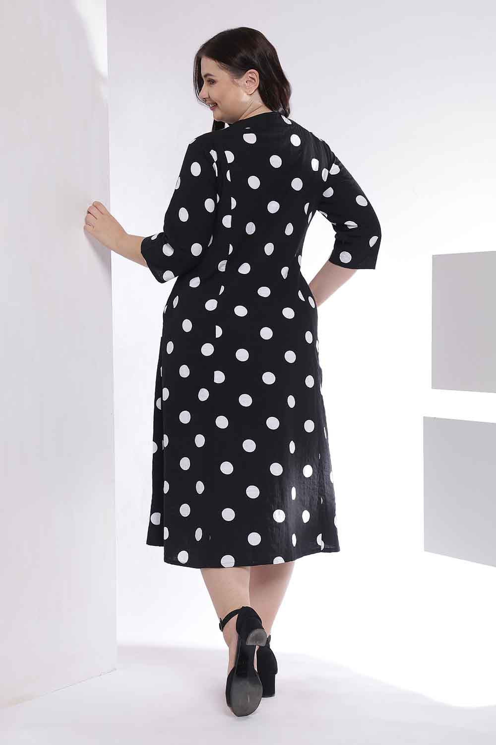 Comfortable Plus Size Black Polka Print Rayon Midi Dress