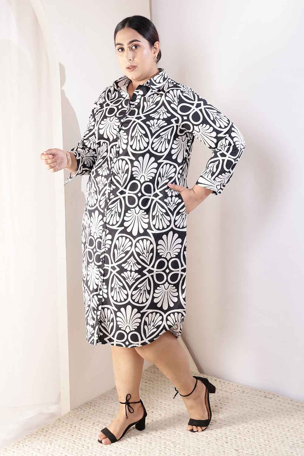 Plus Size Plus Size Black & White Floral Print Cotton Shirt Dress