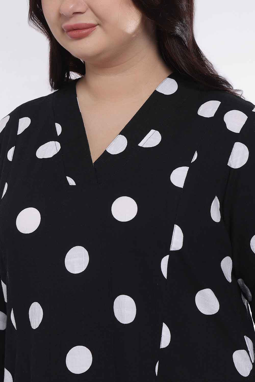 Plus Size Black Polka Print Rayon Midi Dress for Women