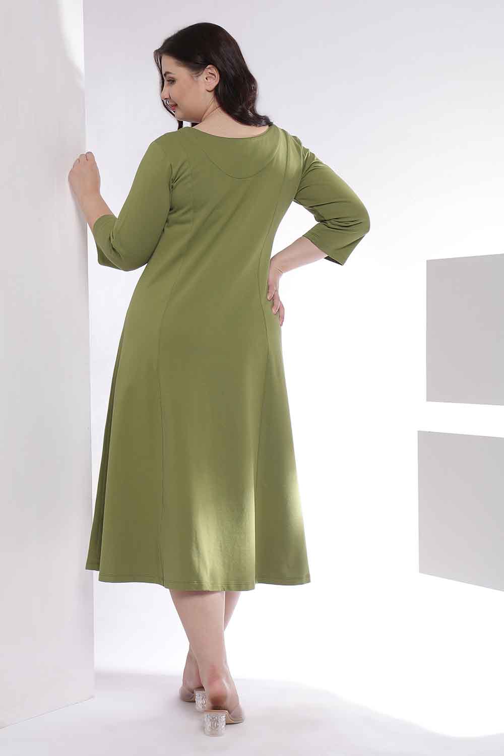 Plus Size Moss Green  A-Line Cotton Dress